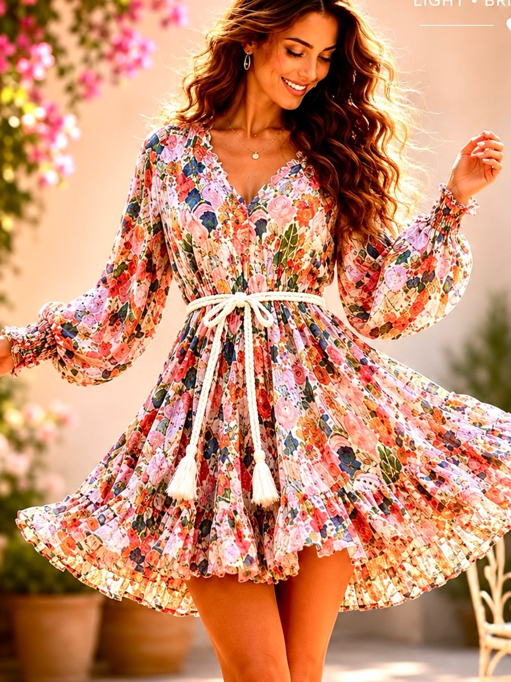 RHODE Print Smocked Mini Dress Resort Vacation Brunch Balloon Sleeve Fun Size M
